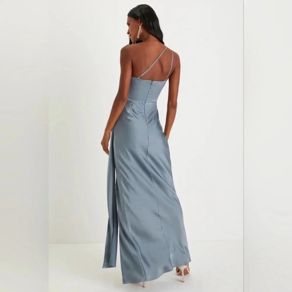 Lulus Signature Elegance NWT size XL Slate Blue Satin One-Shoulder Maxi Dress - Picture 3 of 14